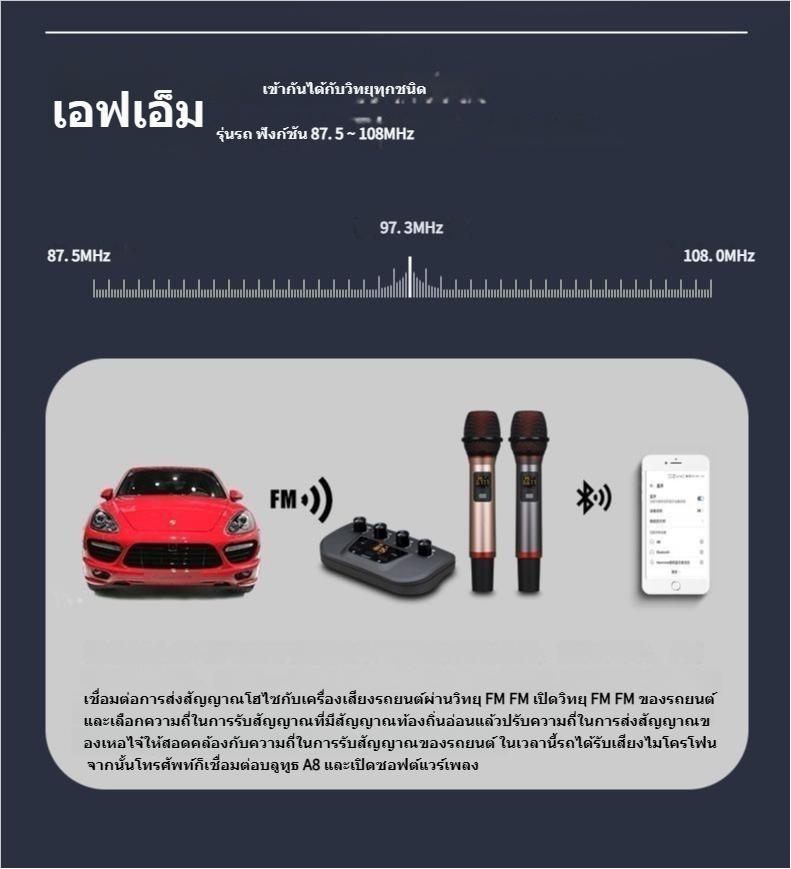 Product Introduction of Car Karaoke Mic in the car. Dual microphone with receiver Bluetooth Mobile Phone Wireless Microphone and Connect to Car Radio Player by using FM Frequency Compatible All Car Radio Player With FM Radio Function + FM Transmitting Antenna 16