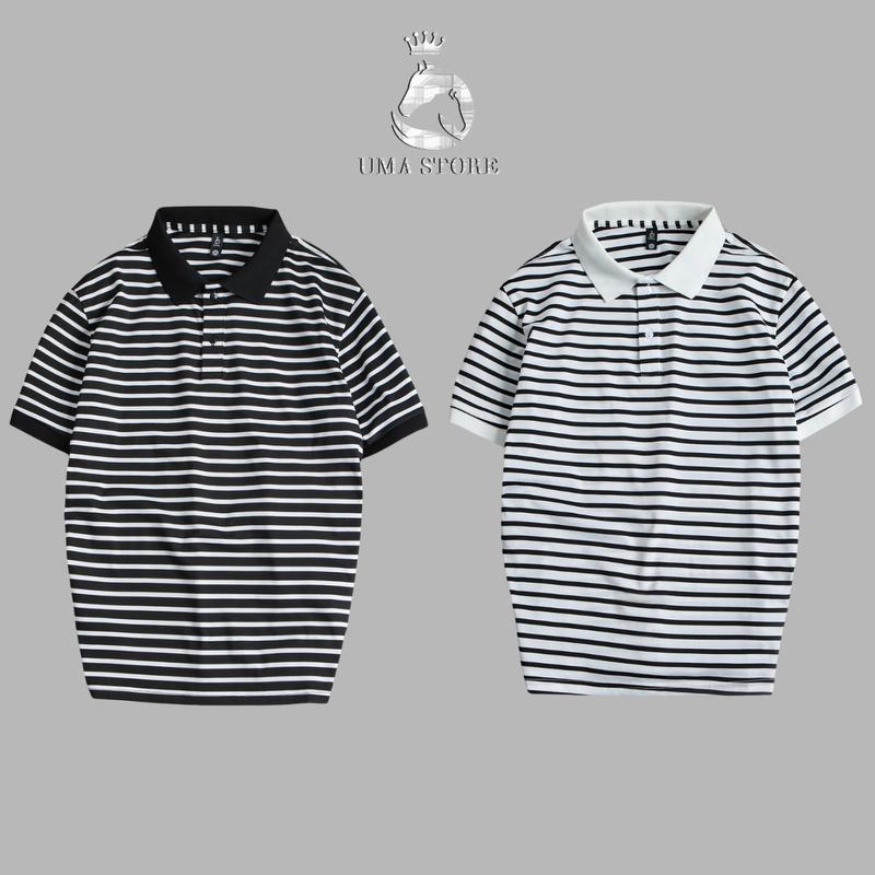 Polo sọc kẻ ngang vải Pique cổ bẻ UMA STORE Form Regular Menswear Ngắn Tay Đen Trắng (POLOUMAOR) Có Cổ Áo Tay Ngắn cưỡi ngựa