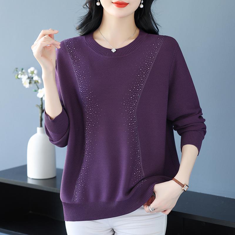 Knatwear women's round neck rhinestone sweater new fashion mom loose Western style knits long sleeve thin top crop 2