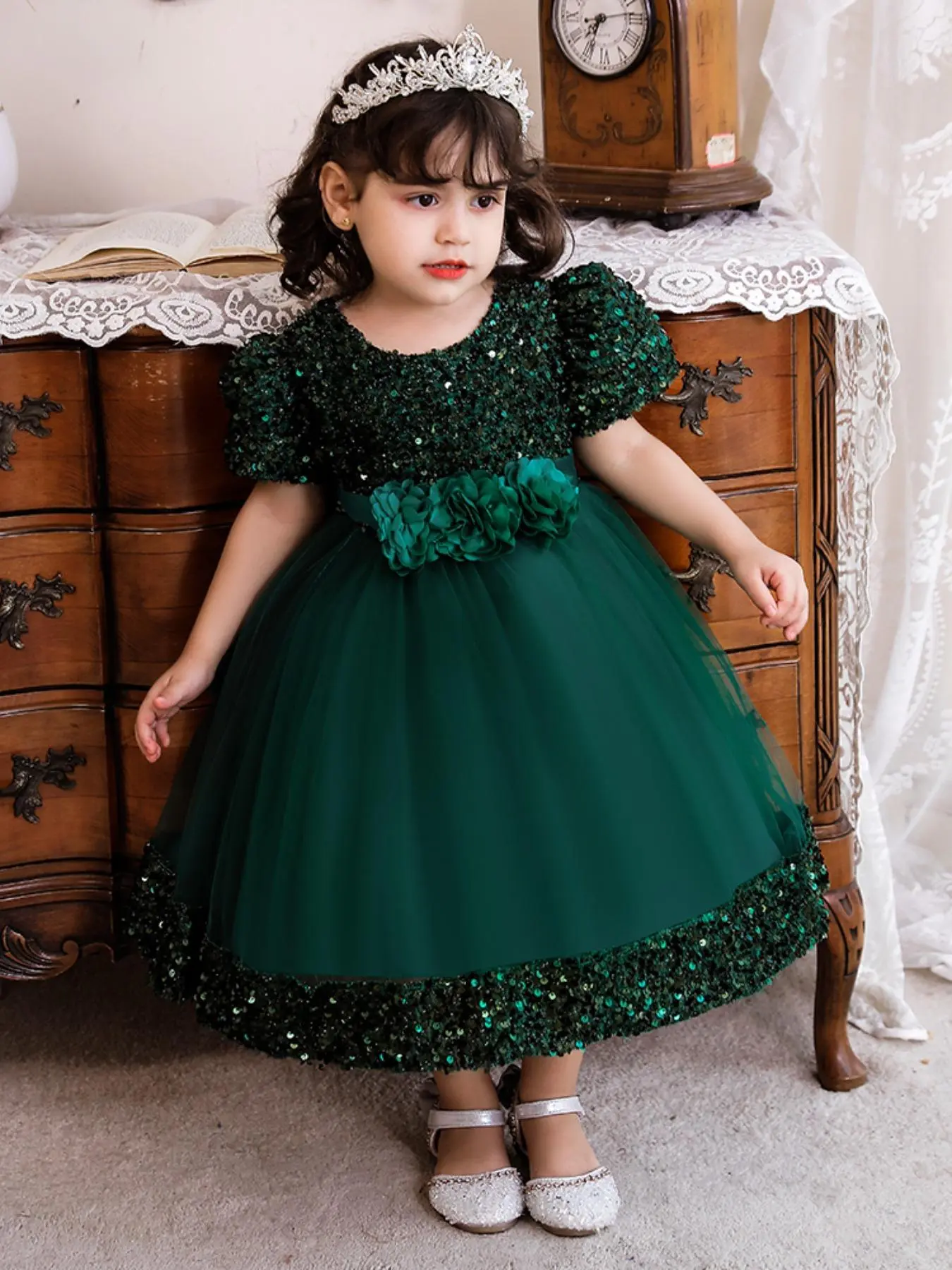 Girl's Glitter Contrast Sequins Tulle Formal Dress, Elegant Round Neck A Line Dress for Party Performance Wedding Guest, Night Out Dress, Kids Clothes for All Seasons