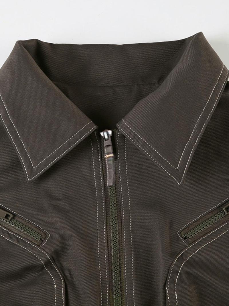 Product Introduction of Women's Solid Top Stitching Pocket Zip Up Jacket, Casual Long Sleeve Collared Outerwear for Fall, Ladies Clothes for Daily Wear 6