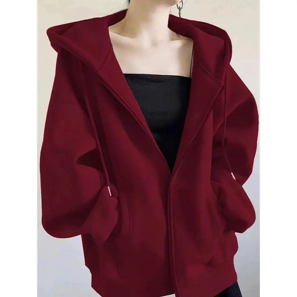 Autumn and Winter Fleece-lined Thickened Hooded Sweatshirt Coat Women's New Cardigan Zipper Loose and Lazy Style Fashionable Top Womenswear Jackets