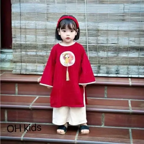 Áo dài cách tân bé trai, bé gái - áo cách tân cho bé chất liệu nhung chéo từ 8-20kg