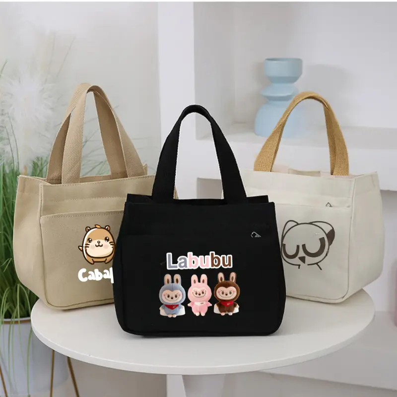 Túi mini đa năng đựng cơm,đựng mỹ phẩm sức chứa lớn vải Canvas phong cách Nhật Bản hoạ tiết Labubu Bag Hoa HAT131 0