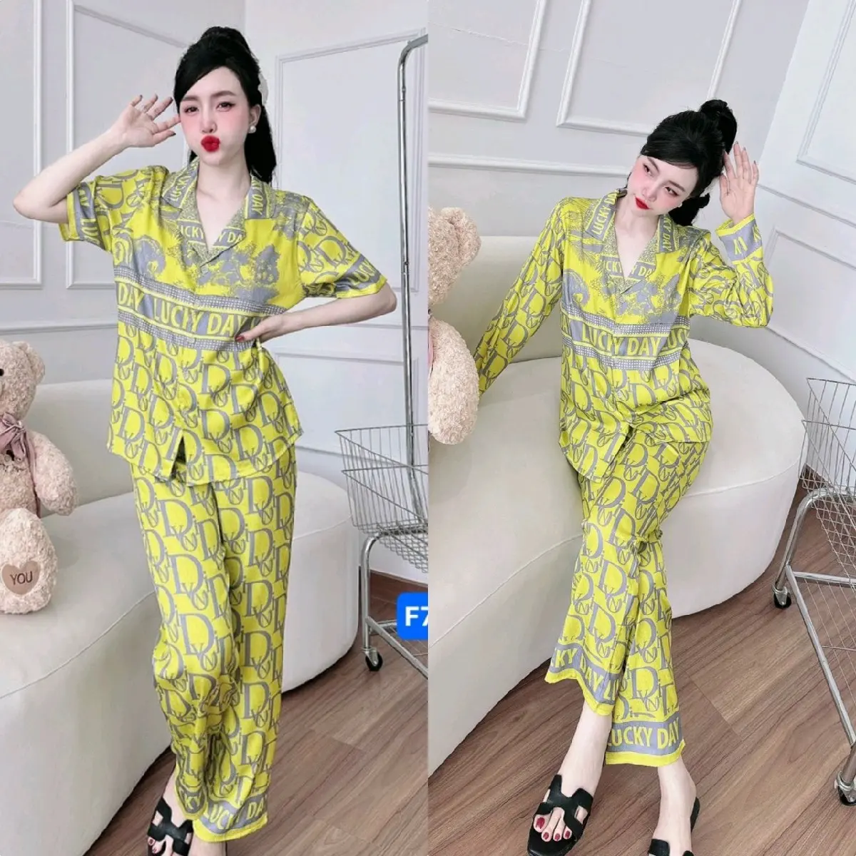 Đồ Bộ Pijama Có Size 40-60kg và 60-75kg Vải Lụa Latin (Lụa Mịn) Mềm Mướt  Màu Vàng Xanh Quần Dài Tay Áo Dài Ngắn Dành Cho Nữ Mặc Bốn Mùac