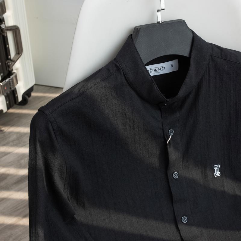 ICANO MENSWEAR Áo Sơ Mi Cổ Tàu Dài Tay Vải Linen Co Giãn Màu Đen 2