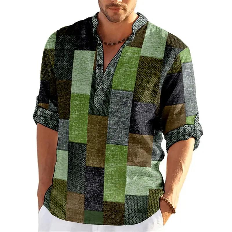 Product Introduction of Men's Spring and Summer Retro Fashion 3D Printed Color blocked Grid Pattern Henley Collar Long Sleeve Shirt Top 5