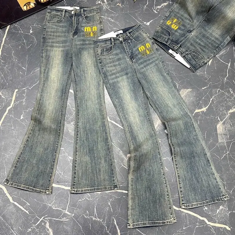 [Loe dài 100cm ] M1462 Quần Jean loe nữ lưng cao màu xanh bụi thêu phía trước 1