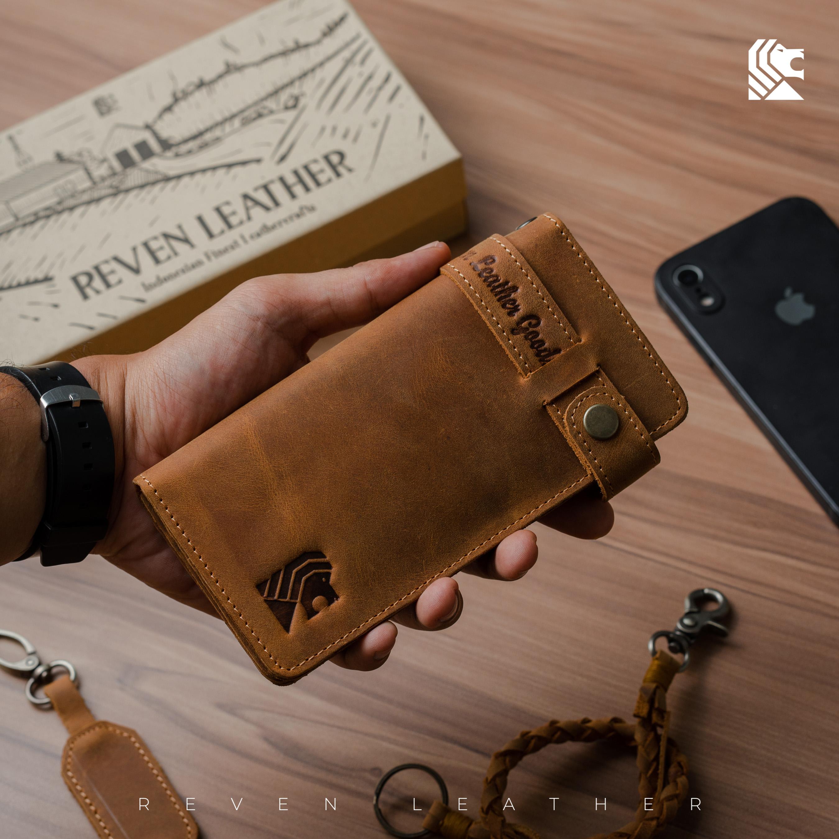 REVEN Bontage Dompet Panjang Lipat 2 Pria Kulit Asli Crazy Horse Klasik Keren Total 9 Slot Ruang Koin Resleting Kancing Klip Pouch HP Rantai Pengaman Untuk Motoran Gaya Cowok