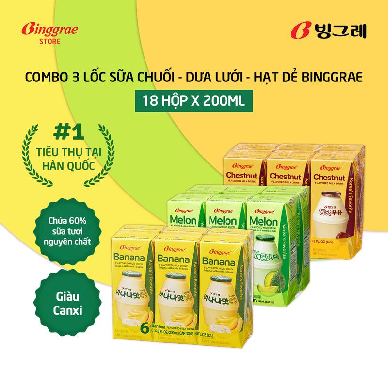  Combo 3 Lốc Sữa Chuối – Dưa Lưới – Hạt Dẻ Hàn Quốc Binggrae  200ml x 18 hộp  