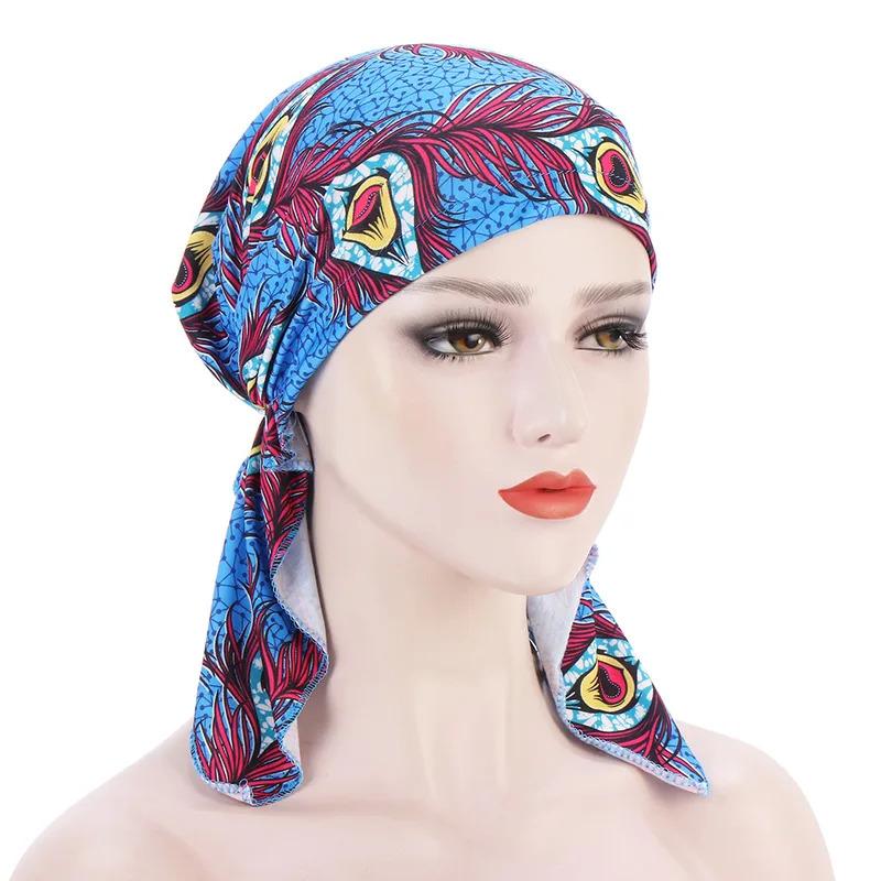 Trendy Print Muslim Fashion Hijab Turban Bonnet Long Tail Head Wraps Soft Elastic Hijab Hats Chemo Cap For Women Girls 0