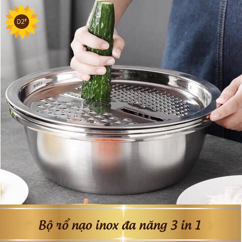 Bộ Nạo Rau Củ Quả Đa Năng Inox 3 in 1 - Bộ Rổ Nạo Củ Quả Kèm Chậu