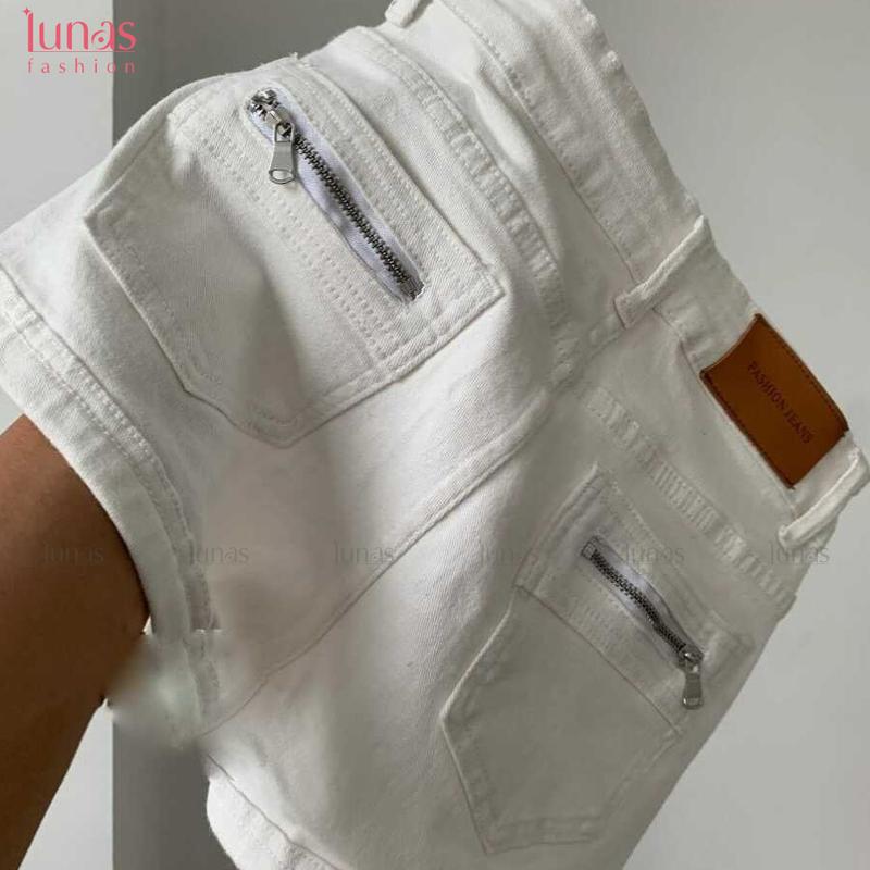 Quần Short Denim Màu Trắng, Phong Cách Cô Gái Nóng Bỏng Mỹ, Dành Cho Nữ, Mùa Hè, Cạp Cao, Co Giãn, Ôm Sát, Chữ A, Vát, Siêu Ngắn, Quần Hot Women Pants Jean Lưng Cao Có Túi