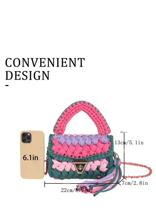 Women's Colorblock Braid Crochet Design Handbag, Fashionable Tassel Decorated Crossbody Bag for Daily Used, Casual Trendy Versatile High-quality Daily Commuting Bag 5