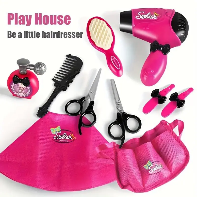 Girl's Beauty Salon Pretend Play Toy Set, 11pcs/set Hairdresser Toy with Hair Dryer, Apron and Other Hair Styling Accessories, Pretend Play Toys for Kids 3
