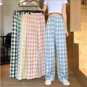 Celana kotak-kotak wanita polyester  nyaman  panjang tartan highwaist Kulot Katun Motif