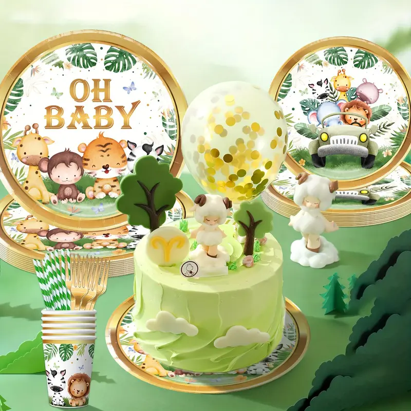 Jungle Animal Themed Disposable Tableware Set, 78pcs/set Including Plate, Cup, Napkin, Straw, Fork, Tablecloth, Party Supplies for Baby Shower 4