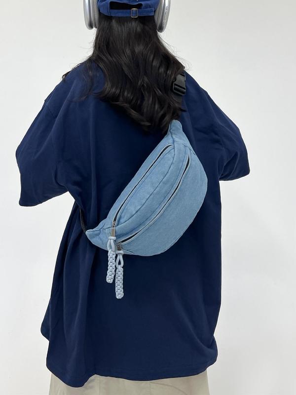 Women's Solid Color Denim Fanny Pack, Fashionable Large Capacity Sling Bag for Daily Used, Casual Trendy Versatile High-quality Daily Commuting Bag 6