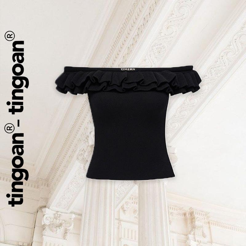 TINGOAN - Áo len xù đen trễ vai phối hai bèo XING XING TOP/BL