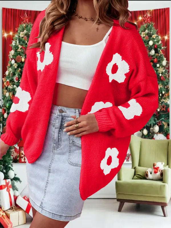 【Plus Size】 Floral Print Cardigan Sweater, Casual Longsleeves Open Front Crochet Top Knitwear for Fall & Winter, Cardigan for Women, Women's Plus Clothing for Everyday Daily Wear, Womenswear, Lady Knitting Casual Classy Top 3