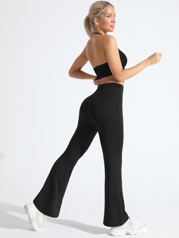Sporty Women's Plain High Waist Flare Leg Sports Leggings, Comfy Pocket Design Bell Bottom Trousers for Yoga Gym Workout Running, Ladies Sportswear for All Seasons 3