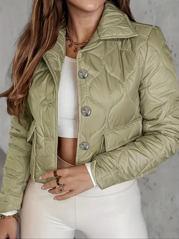 Women's Solid Button Front Pocket  Crop Quilted Jacket, Casual Long Sleeve Collared Outerwear for Fall & Winter, Ladies Clothes for Daily Wear 0