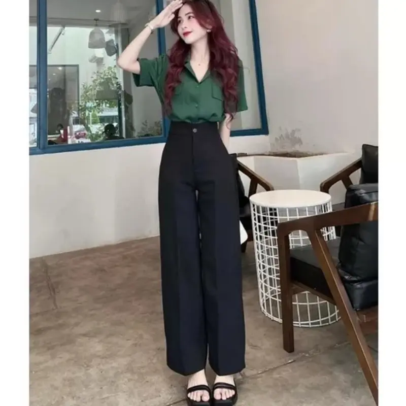 ￼Quần ống suông rộng lưng cao 1 khuy có 2 túi bên màu Đen,Quần  nữ ống rộng đi học làm công sở vải dày mềm Ong Women Pants 4