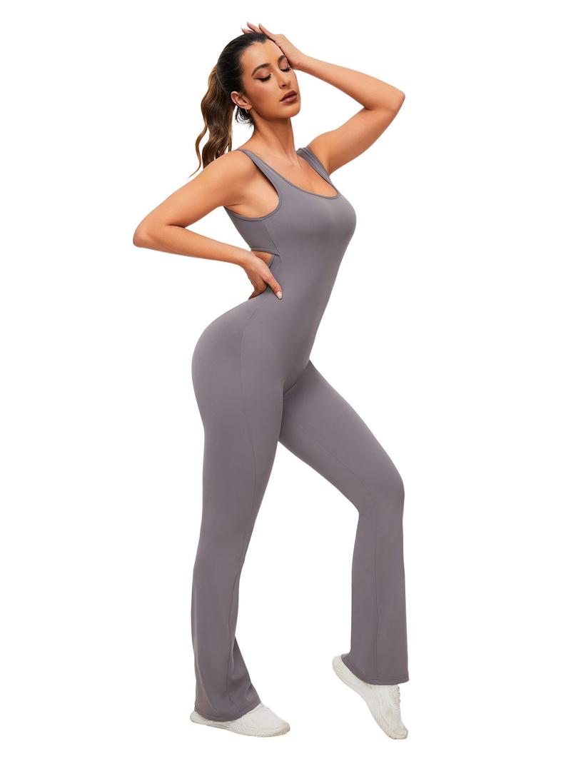Product Introduction of Women's Cut Out Flared Sports Jumpsuit, Sport Scoop Neck Backless Tank Jumpsuit, Ladies Sportswear Clothing, Tummy Control 3