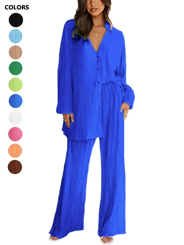 Women's Solid Textured Button Front Top & Flare Leg Pants Set, Casual Long Sleeve Top & High Waist Trousers, Women's Spring & Fall Clothes, Womenswear 4
