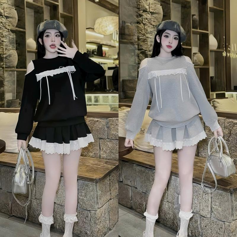 Set đồ nữ nỉ phối ren áo tay dài xẻ vai cổ tròn kèm chân váy xếp ly [Có Lót] xinh xắn dành cho các nàng diện đi chơi Women Top
