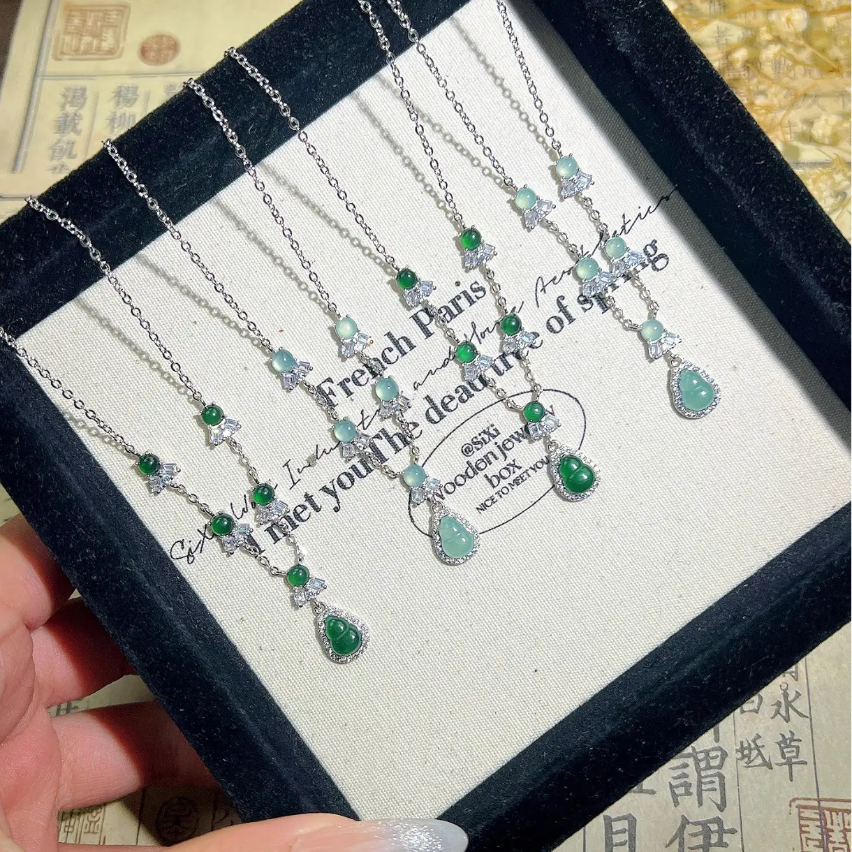 Wholesale Manufacturer Live Streaming Source Inlaid Natural Hazardous Blue Water Yang Green Jadeite Women's Gourd Necklace Set Fresh and Exquisite