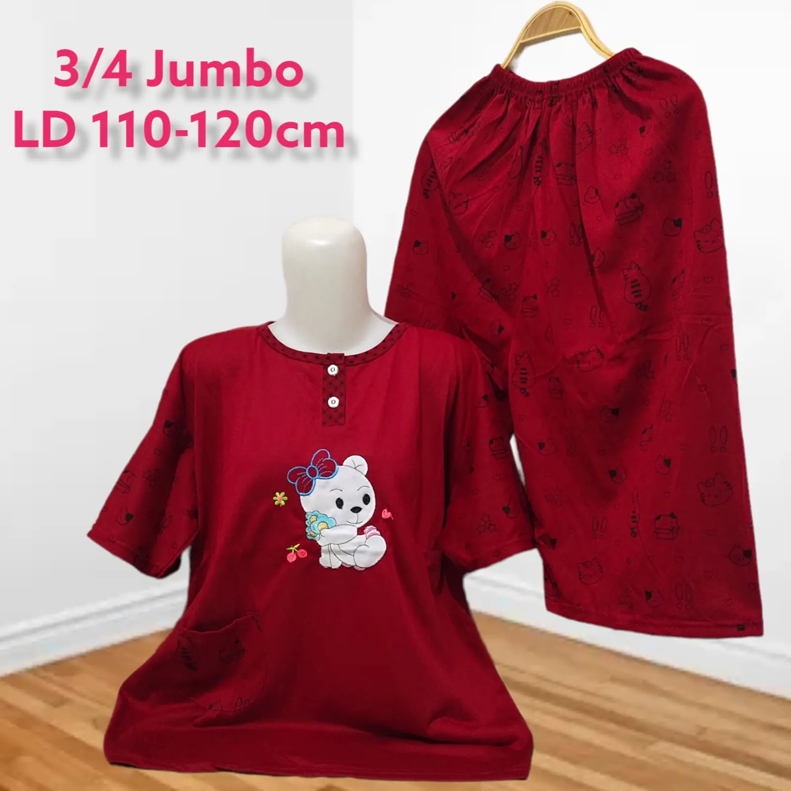 3pcs 110000 random/Setelan Baju Tidur Kaos Celana 3/4 Jumbo Big Size Babydoll Wanita 3XL LD 108-120cm Lengan pendek Bunga Busui Kancing