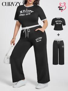 CURVZY Plus Size Two-Piece Set Letter Print Crop Tee & Pants, Casual Fashion Round Neck Short Sleeve T-shirt & Trousers for Daily Outdoor Wear, Women's Two-piece for All Seasons