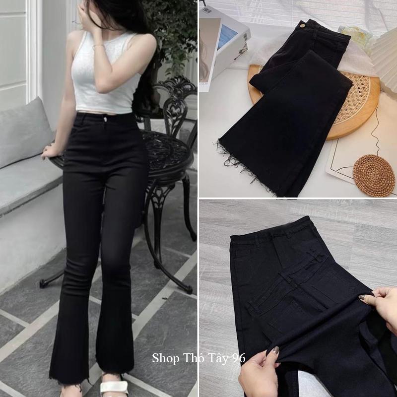 Quần Jean ống loe cạp cao vải bò giấy co giãn màu Đen trơn - Quần bò ống loe đi học công sở tua gấu rách lưng cao tôn dáng