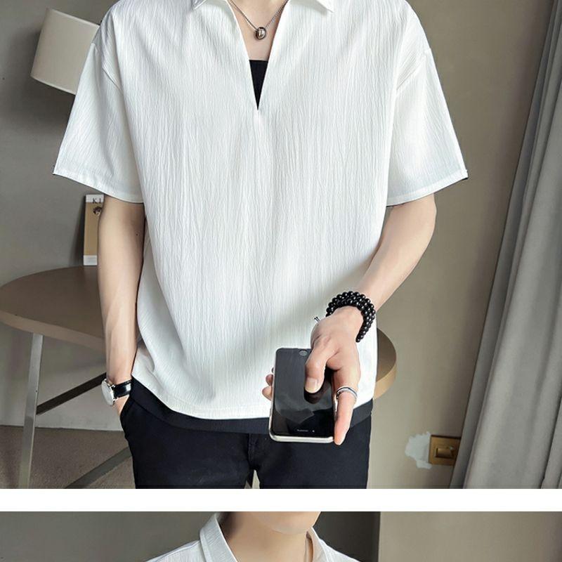 Product Introduction of 2025 Fake Two-Piece V-neck T-shirt Men's Ins Fashion Brand Short Sleeve Polo Shirt Ice Silk Half Sleeve 2023 New Summer Matching Suit 27