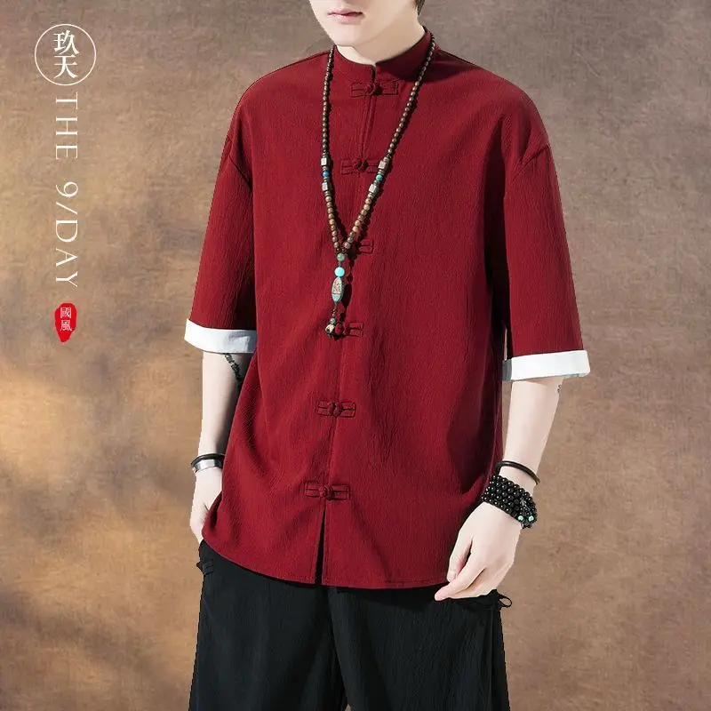 Chinese Style Summer New Tang Costume Hanfu Ice Silk Anti-Wrinkle Buckle Men's Short Sleeve Non-Ironing Shirt Lay Buddhist Clothes