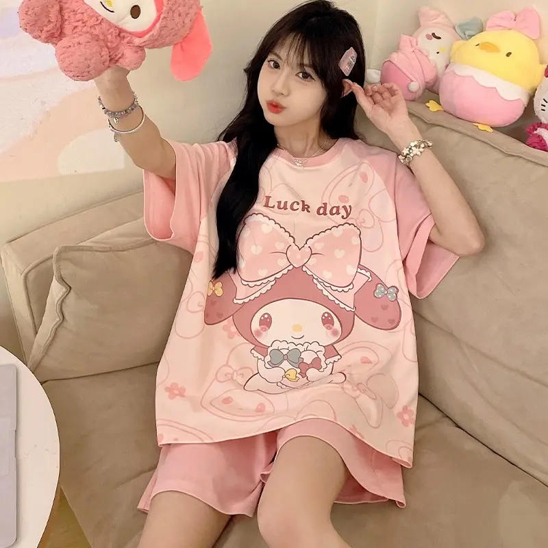 Bộ đồ ngủ trẻ em Happy cho bé gái 2024 mùa hè - 6 màu, cotton nguyên chất, tay ngắn bộpolobégái có thể giặt máy vừa in vừa in đồbộquầnsọccaro 12tuổi bộđồ blackpink 1