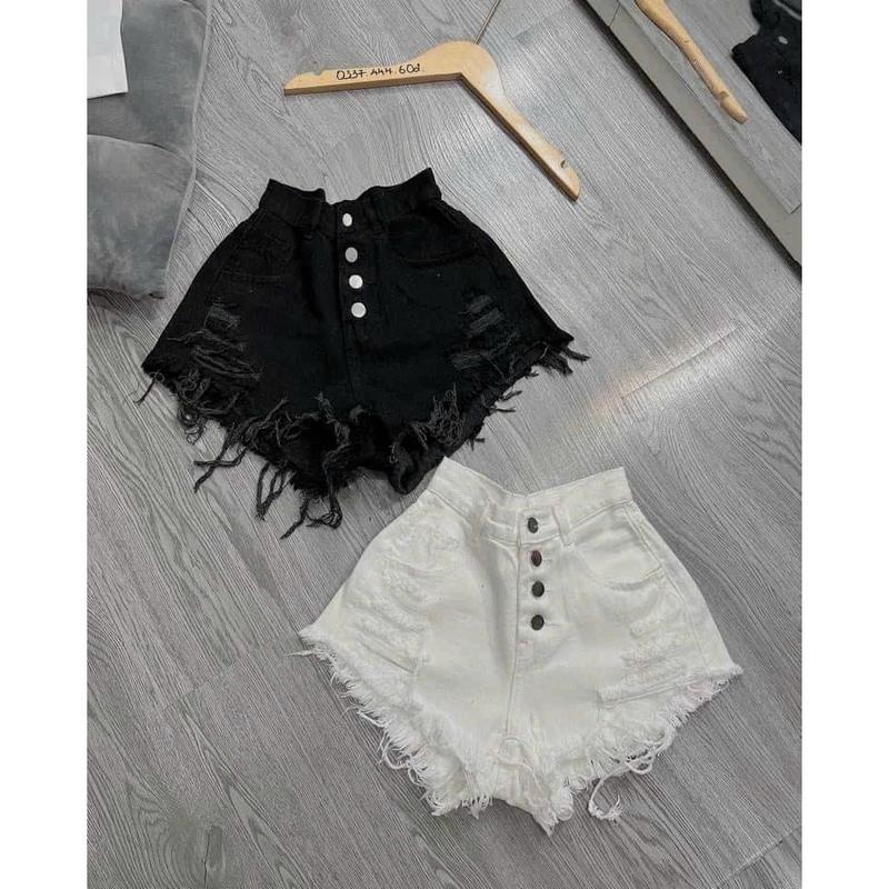  Quần sọt jean đùi nữ 4 nút rách lai tua màu trắng đen siêu hot 