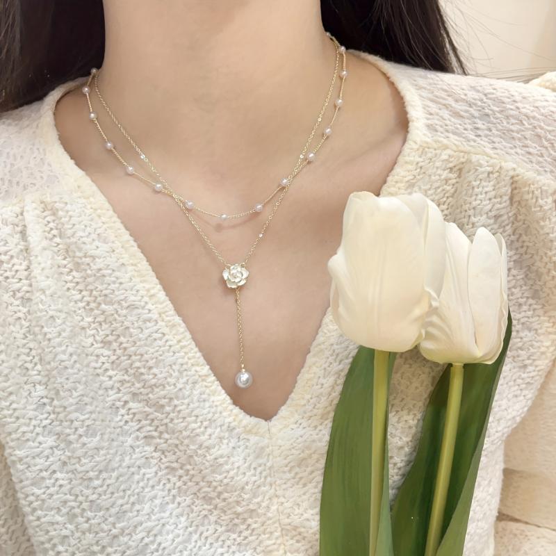 French Retro Elegant Design Camellia Fake Pearl Pendant - Classic Double Layer Necklace for Women'S Clavicle Chain Autumn/ Winter Fashion 5