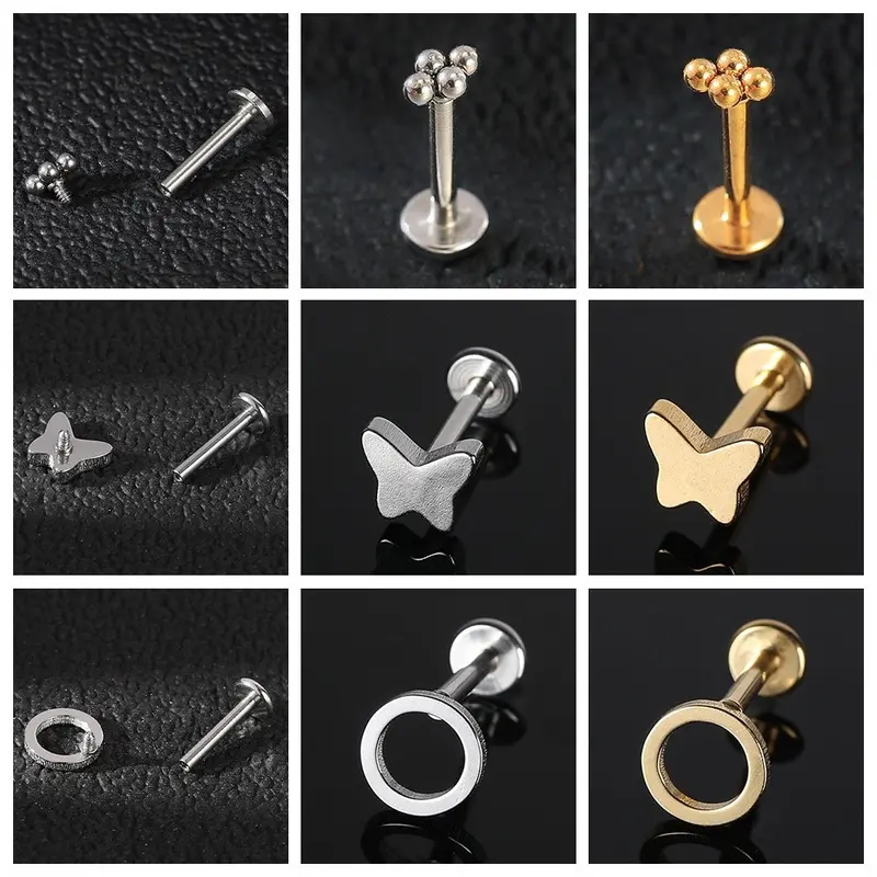 1Pc Stainless Steel Lip Piercings Love Shape Labret Piercings Geometric Crystal Stud Earrings Internal Spiral Labret Piercings 2