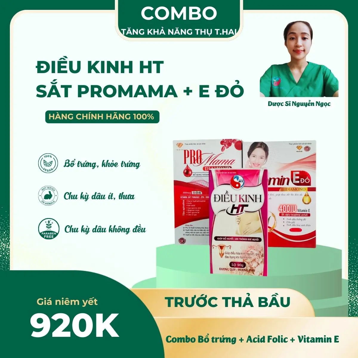 Combo thực phẩm bổ sung Vitamin E đỏ, Sắt Pro Mama và Điều kinh HT hỗ trợ bổ sung vitamin cho phụ nữ