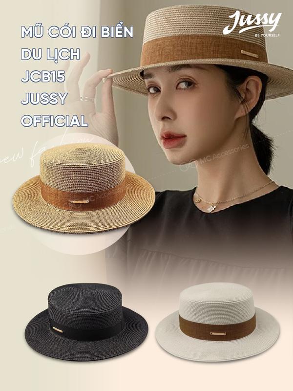 Mũ Cói Đi Biển Du Lịch JCB15 Jussy Official Nón Cói Rộng Vành Đai Vải Bố Đính Icon Sang Chảnh Dành Cho Nữ Sang Chảnh Voi Hat Tua Rua