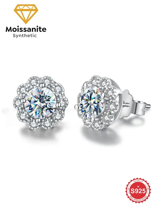 S925 Sterling Silver Flower Shaped Synthetic Moissanite Earrings, Fashionable Earrings for Women, Luxury Wedding Earrings, Fine Jewelry Anniversary Festival Gifts 0