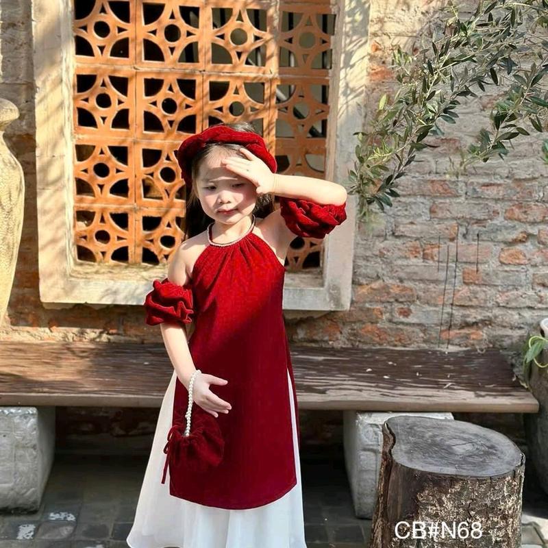 set bộ gái cách tân áo nhung yếm tay phồng rời siêu đẹp siêu xinh , mix cùng chân váy voan 2 lớp + kèm mấn xoắn xinh xắn size từ 8kg-30kg (4 chi tiết)