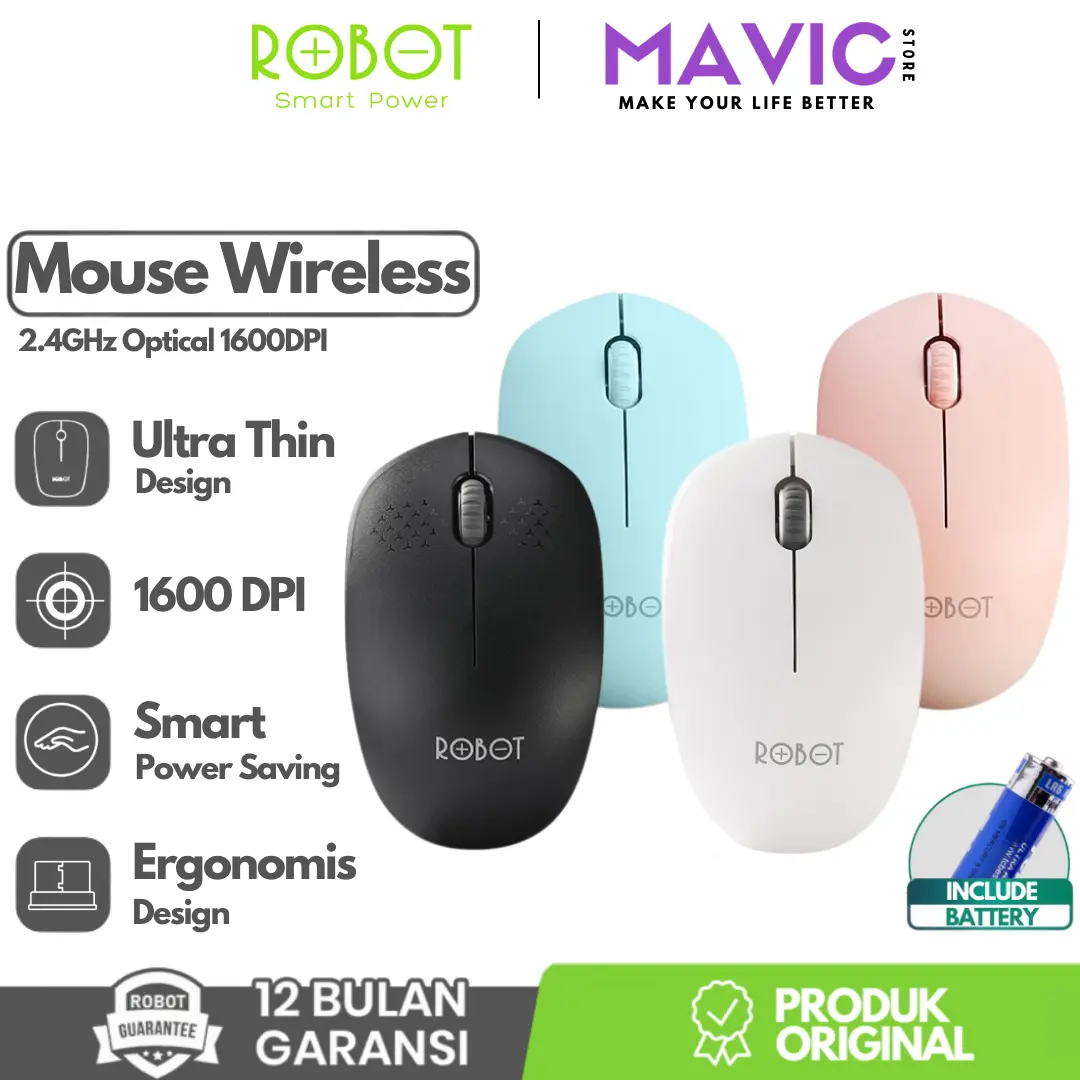 Mouse Wireless Robot M210 2.4G Optical USB Mouse Gaming 1600DPI untuk PC Laptop - Garansi Resmi 1 Tahun