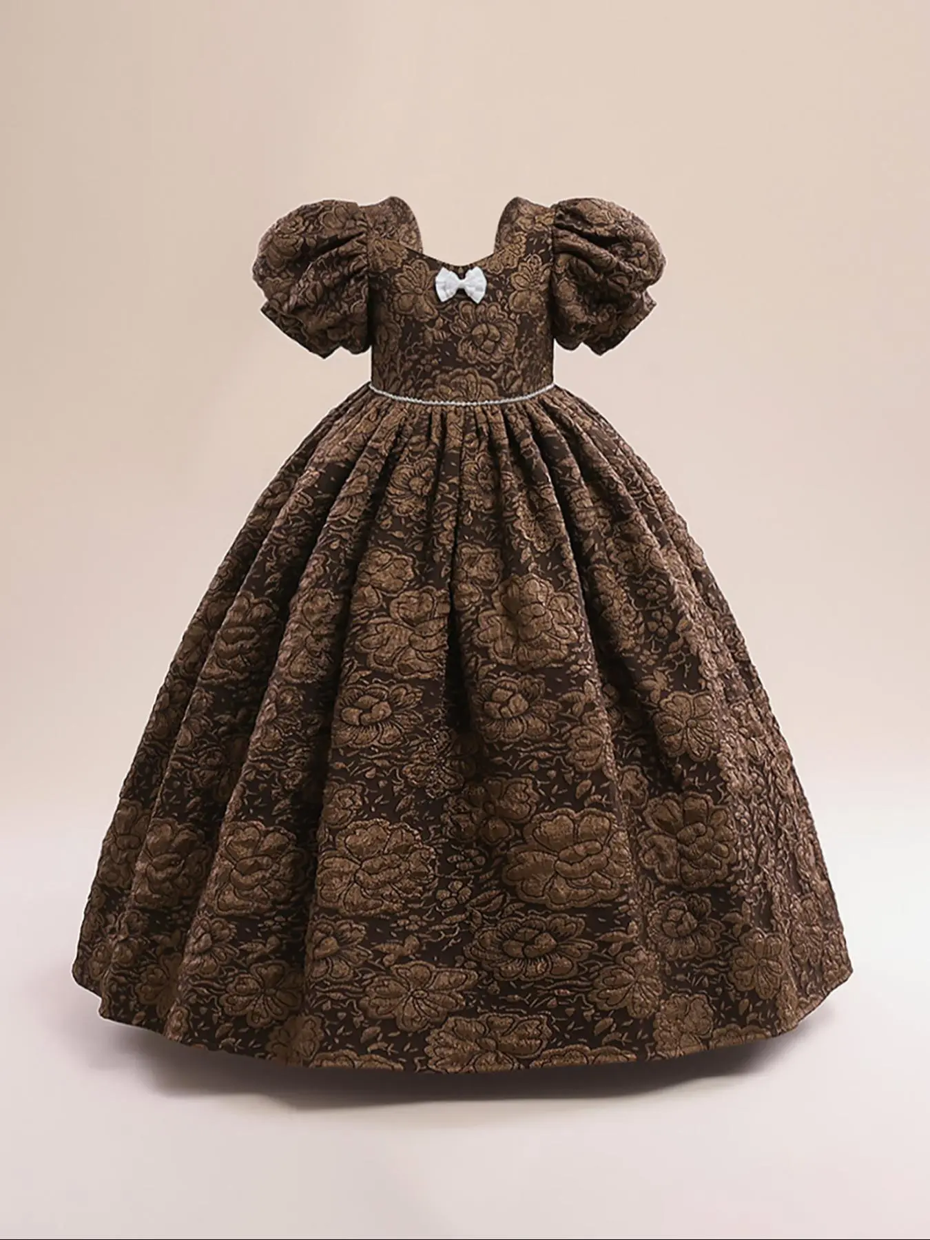 Girl's Floral Embroidery Bow Decor Puff Sleeve A Line Dress, Elegant Sweetheart Neck Jacquard Short Sleeve Zipper Satin Tulle Dress for Party, Kids Clothes for All Seasons