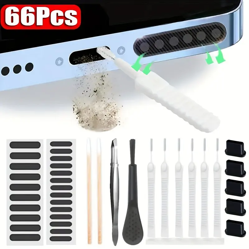 Kit Alat Pembersih Penyingkiran Habuk Port Pembesar Suara Telefon Universal, 66pcs, Untuk iPhone, Samsung, Xiaomi dan Telefon Universal lain, Termasuk 25PCS Swab Kapas, Berus Lembut, Penapis Udara Pembesar Suara 24, Palam Habuk 5 dan Pinset