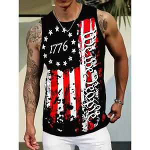 Men'S Summer Sleeveless Tank Top, Patriotic American Flag Print, Casual Crew Neck Polyester T-Shirt, Breathable & Comfortable for Outdoor Sports & Vacation, Regular Fit -  Polyester, 140gsm Knit Fabric