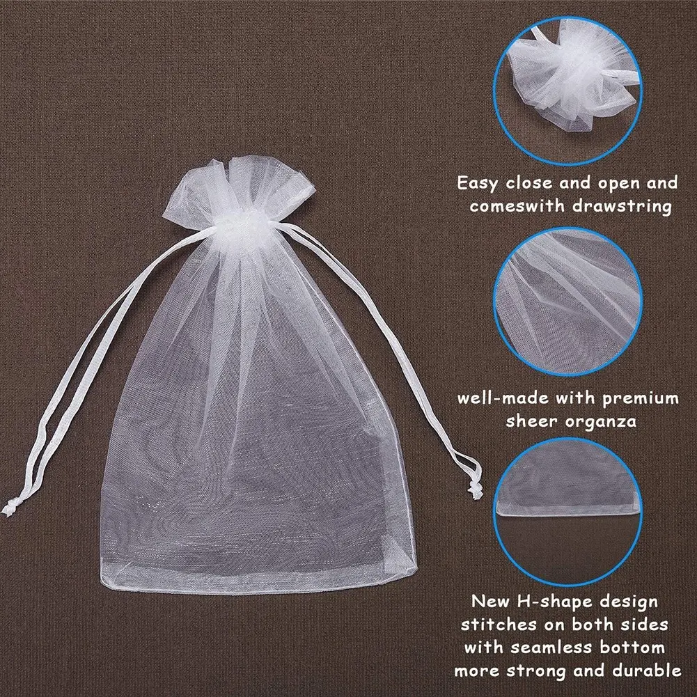 Beg Organza, Putih, 100Pcs, Sesuai untuk Majlis Perkahwinan, Kegemaran, Barang Kemas dan Gula-gula, Beg