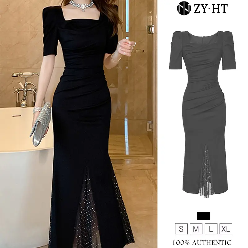 Vietnam style dresses Women's Dresses, Black Dresses, Fishtail Dresses, Puffed Sleeve Dresses Square Neck Dress French Dress Work Dress Hiso Dress Work Dress 30194